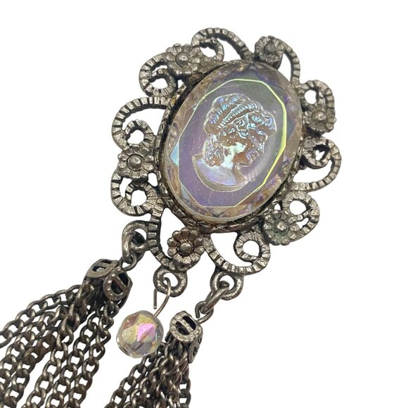 Iridescent Glass Cameo Brooch Intaglio Tassel Dangle Silver Tone Filigree AB Pin - Picture 12 of 13
